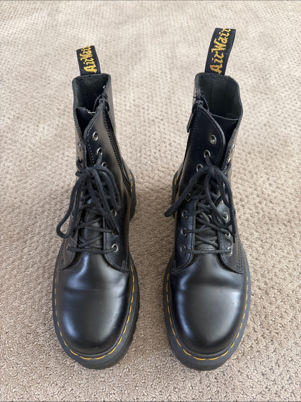 Black Lace-Up Combat Boots with Yellow Stitching